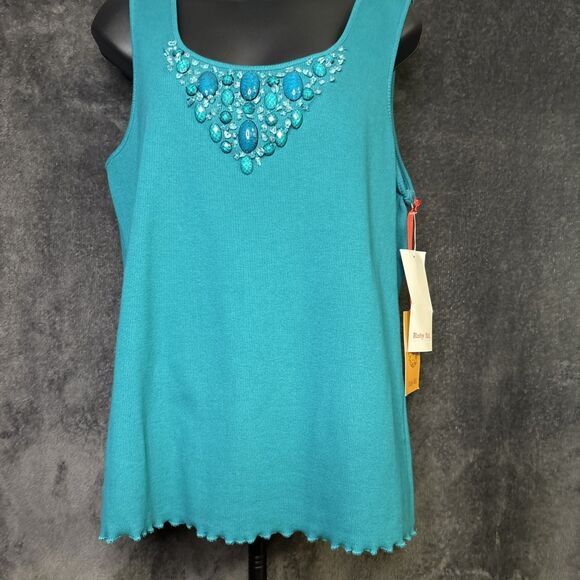 Womens Ruby RD Sleeveless Ribbed Tourquoise Jeweled Tank Size L - Picture 2 of 9